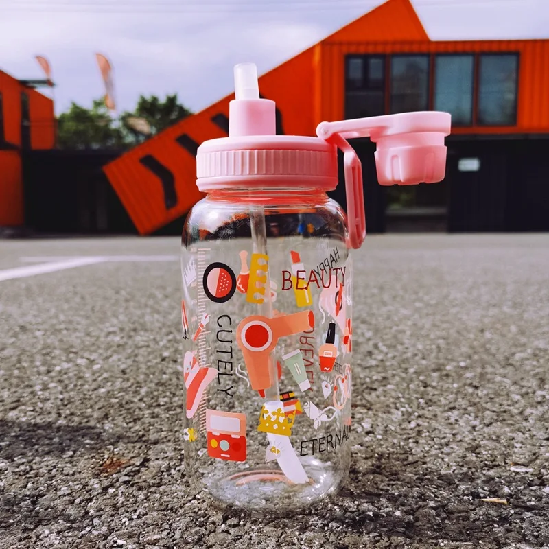 AIWILL Glass Water Bottle Large Capacity Bike Pattern Straw GIRL'S bottles Creative Cute with Measuring 350/500/600/1000ml | Дом и сад