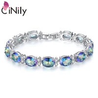 cinily rainbow mystic zirconia chain bracelet silver plated big oval clear cz crystal stone strand tennis bangle party jewelry