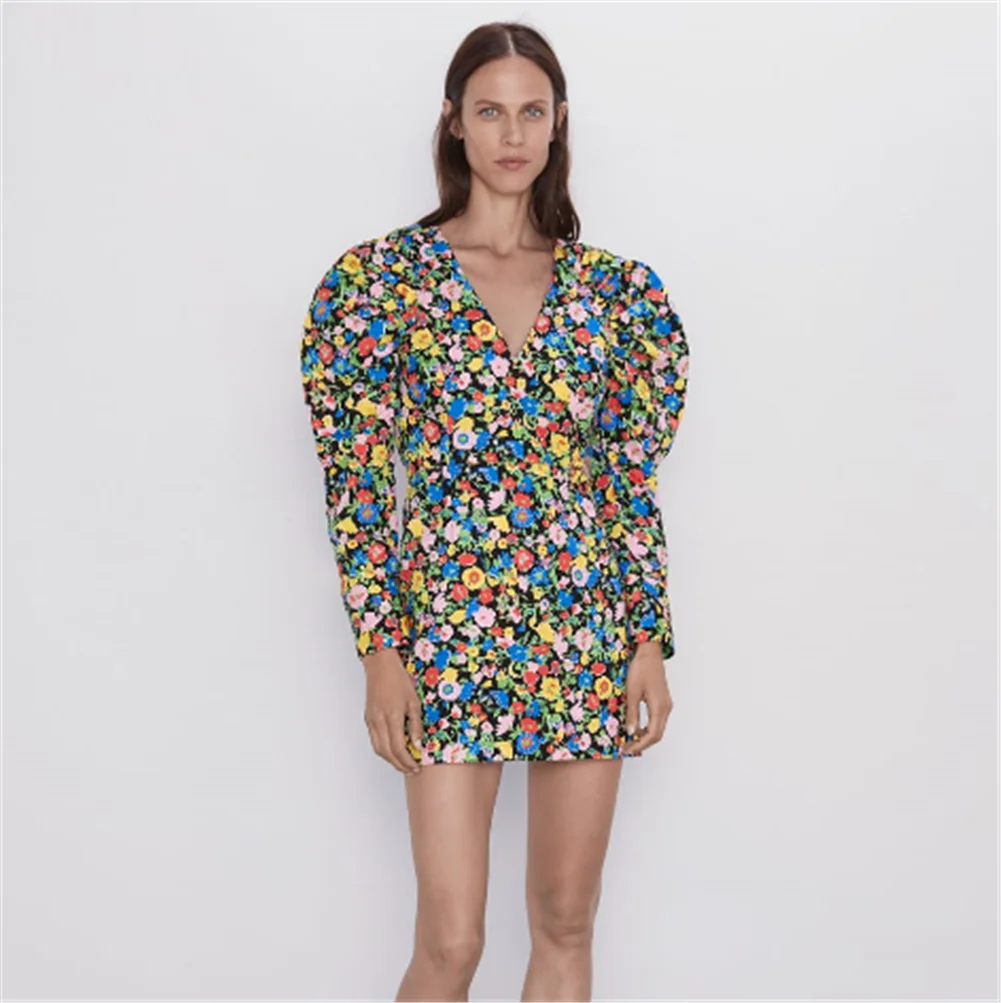 Женское платье с цветочным принтом ZA элегантное в богемном стиле v образным