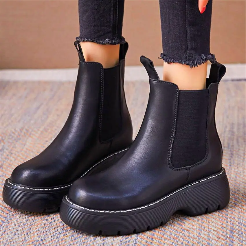 

EUR34-EUR39 Increasing Height Oxfords Women Lace Up Cow Leather Round Toe Platform Ankle Boots High Heels Creeper Casual 34 -39