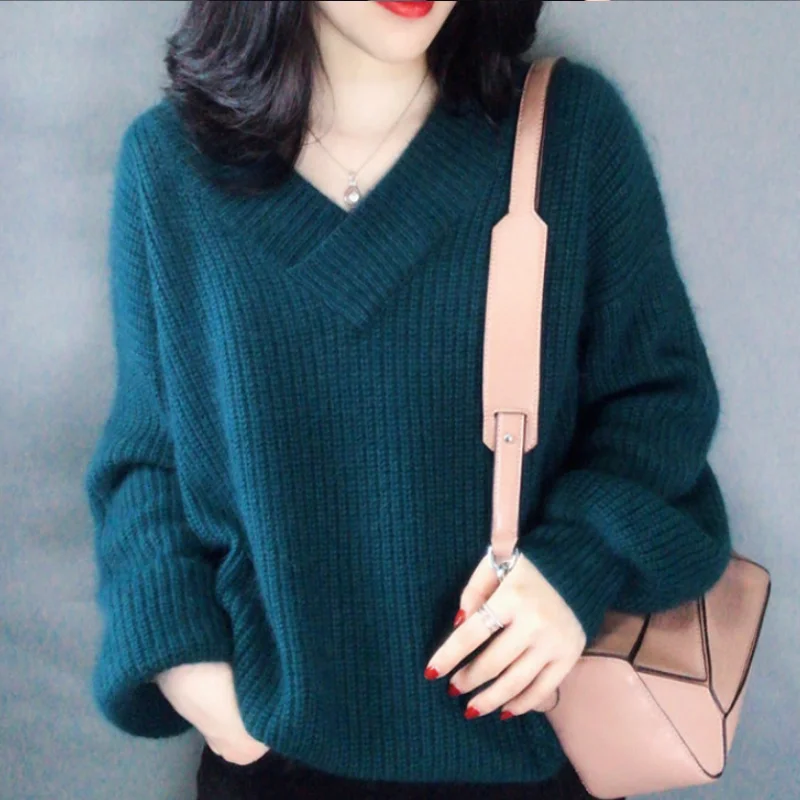 

Autumn And Winter New Women's Warm Sweater Mohair Thicken Solid Color Knitted Fashion V Neck Pullovers Female Casual Loose Top
