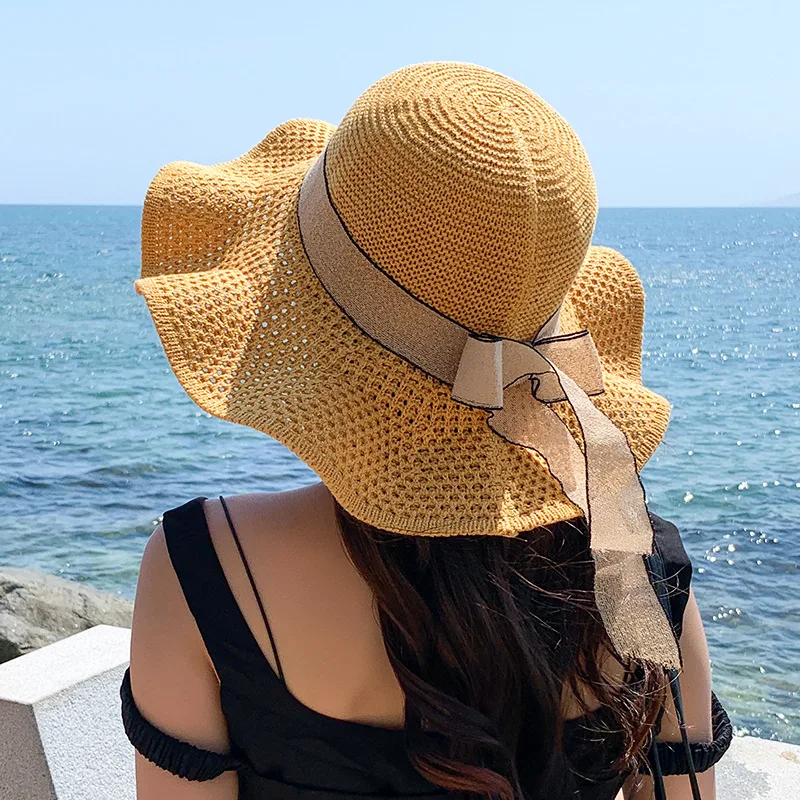 

HT3605 Women Hat Spring Summer Sun Hats for Women Wave Brim Wide Brim Hat Lady Packable Bow Knitted Cap Female Bucket Beach Hat