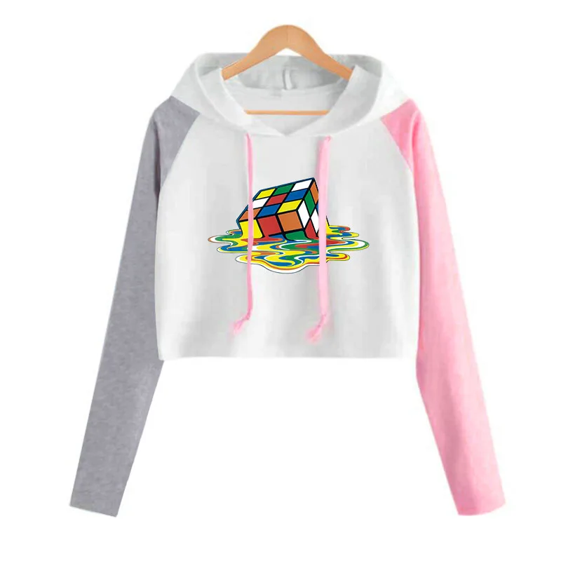 Укороченный топ с капюшоном и мультяшным принтом женский свитшот длинным