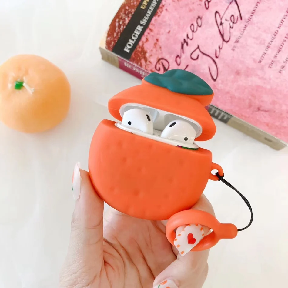 Orange Чехол для AirPods с объемным рисунком еды, чехол для наушников для Apple Airpods 2 Kawaii, забавные аксессуары, защитный чехол с кольцом на палец - Цвет: Orange