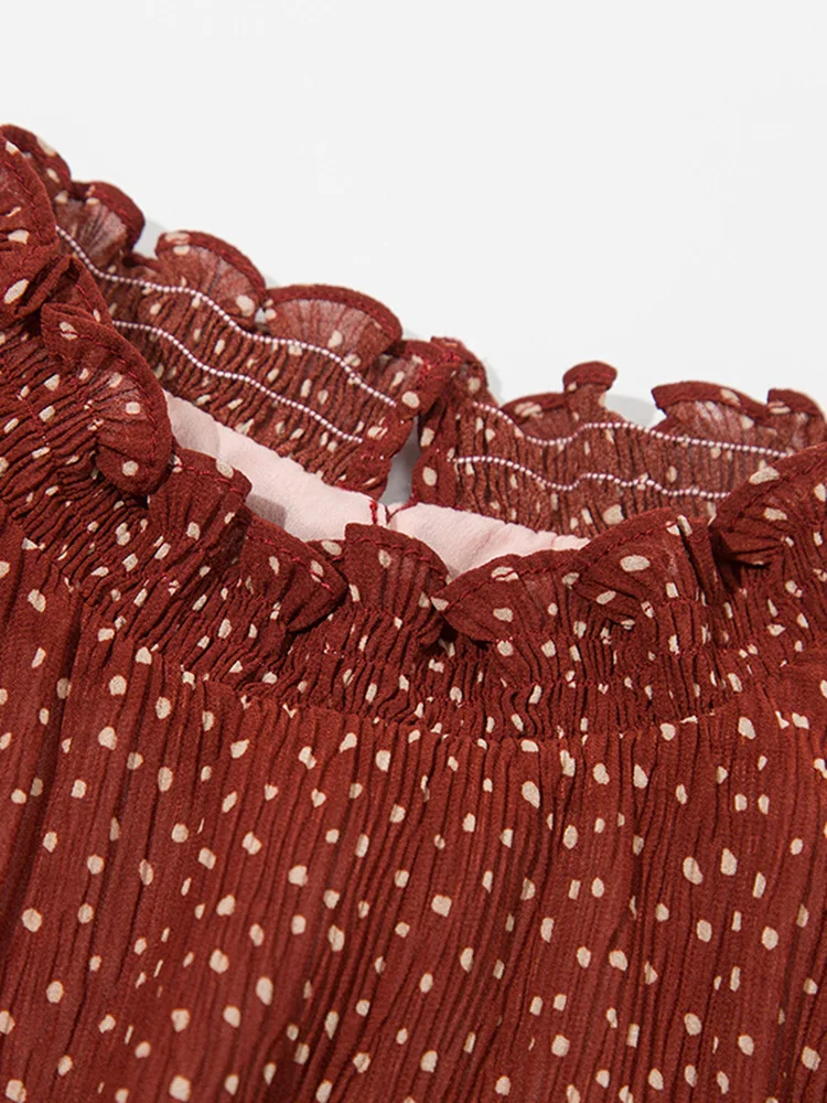 

JRYYT Summer Dot Print Sashes Ruffle Dress Women High Waist Long Sleeve Mesh Dress Female Casual O-Neck Mid-Calf Maix Dress Lady