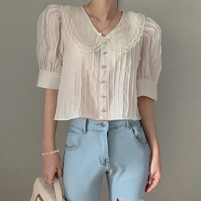 GALCAUR Korean Patchwork Ruffle Shirt For Woman Peter Pan Collar Puff Sleeve Oversize Loose Short Blouse Female Summer New 2020 | Женская