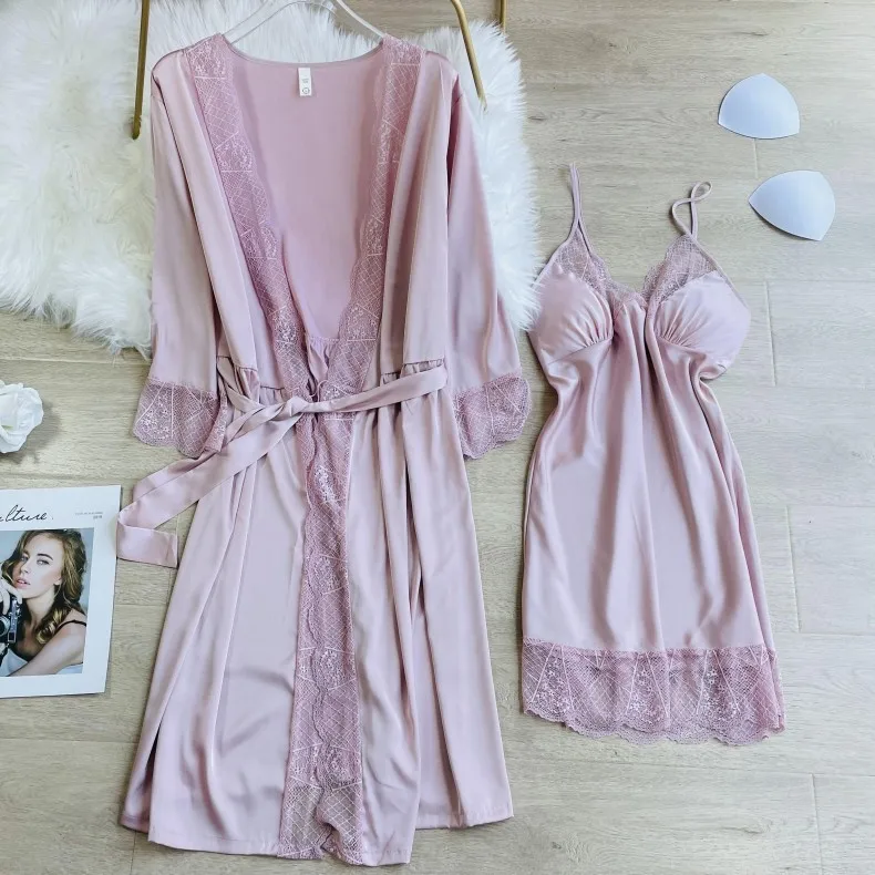2PCS Robe Set Women Kimono Bathrobe Gown Satin Bride Bridesmaid Wedding Robe Intimate Lingerie Casual Nightdress Lace Nightwear