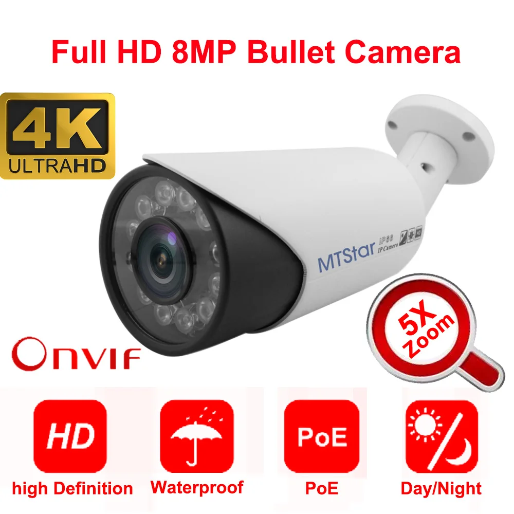 

IP-цилиндрическая камера MTStar 4K(8 Мп), уличная Водонепроницаемая P2P Onvif PoE камера видеонаблюдения с ночным видением