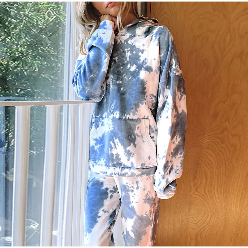 

Casual Print Women Two Piece Sets Oversize Pullover Hoodie And Elastic Pencil Pant Suits Fashion Loose Autumn Tie Dye Tracksuits
