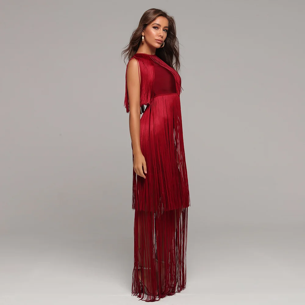 Длинное платье без рукавов с кисточками Бандажное сексуальное вечернее Клубное