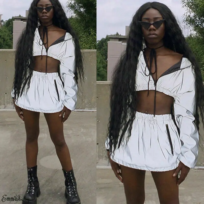 Модный светоотражающий спортивный костюм для девочек короткий топ мини-юбка на