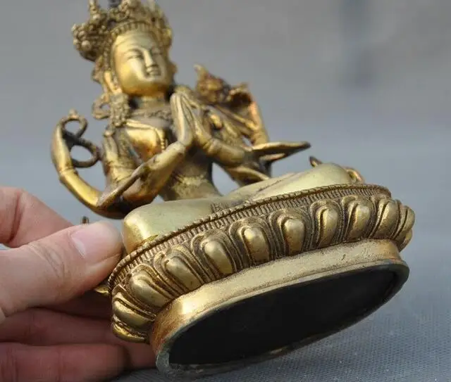 

6" Old Tibet Buddhism Bronze gilt 4 Arms Chenrezig Buddha Avalokiteshvara Statue