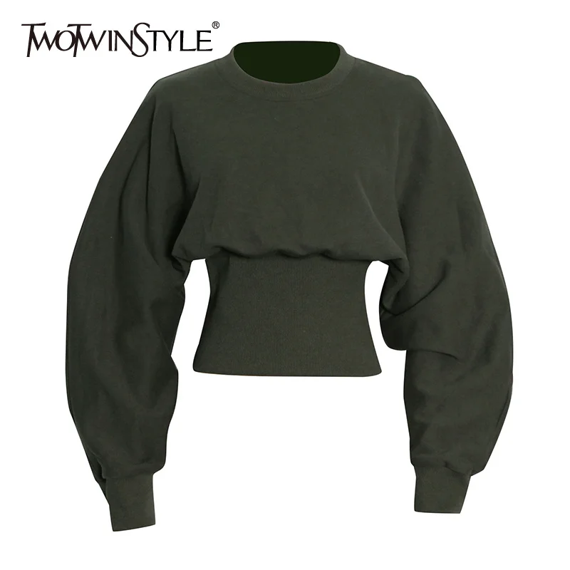 

TWOTWINSTYLE Lantern Long Sleeve Sweatshirt For Female O Neck High Waist Solid Color Women's Casual Sweatshirt New Fashion 2021