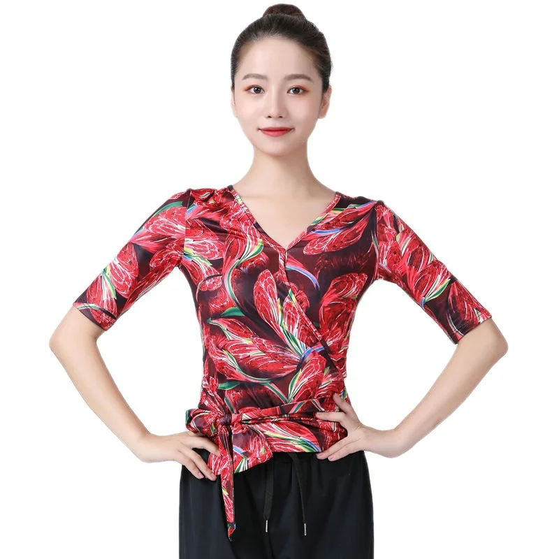 

Latin Top Women Latin Belly Dance Basic Top Girl Dancewear Sexy Ballroom Samba Tango Flamengo Dancing Practice T-shirt Costume