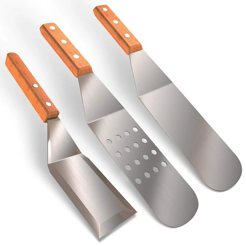Griddle Accessory Tool Stainless Steel Metal Shovel with Wooden Handle for Barbecue Trays Dough Scraper Baking Tray B |