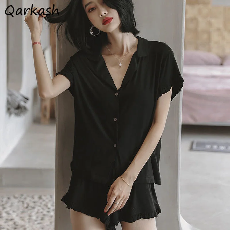 

Pajama Sets Women Single Breasted Black Minimalist Comfortable Femme Summer Sleepwear Daily Leisure Popular Pure Color Lounge