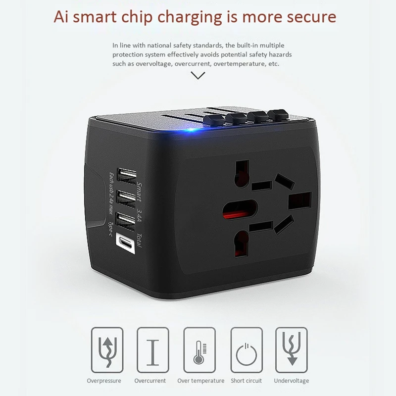 Дорожный адаптер универсальный штепсельный USB TYPE-C для