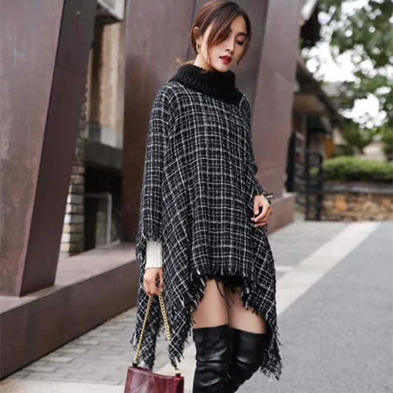 

Lugentolo Turtleneck Fringed Cloak Shawl Women Black Cape Fall Winter Sleeveless Pullover Loose Ponchos and Capes Women