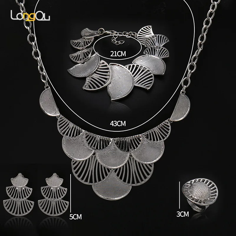 

Longqu Top Dubai silver Color Jewelry Sets Nigerian Wedding African fashion Crystal Necklace Bracelet Earring Ring Jewelry Set