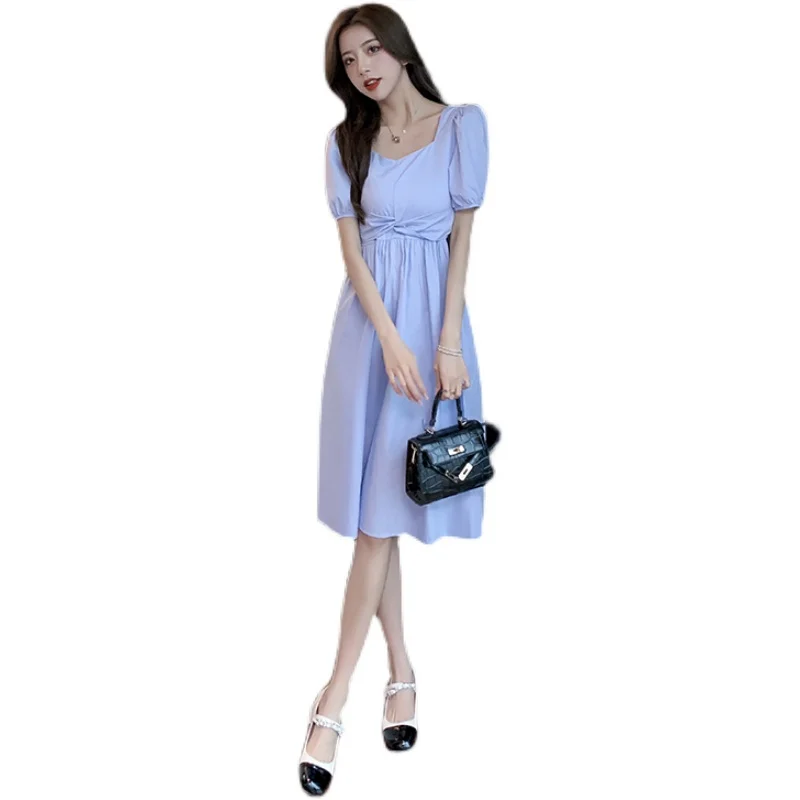 

COIGARSAM French Style Women dress Summer Vintage Bow Belt Square Collar Dresses Blue Lemon Yellow 8025