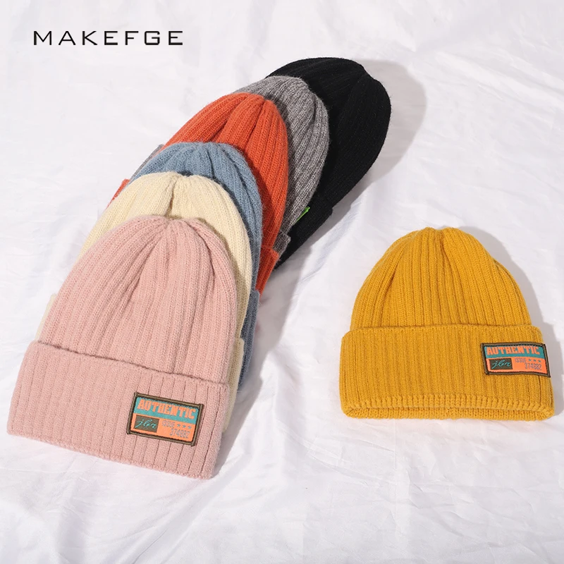 

Winter Warm Hat For Women Knit Hats Female Beanie Cotton Candy Color Innocent Cap Letter label Design Elasticity Autumn Skullcap