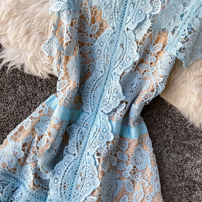 

Vintage Autumn Lace Patchwork Hollow Out Mini Dress Women Elegant High Quality Irregular Party Vestidos 2021 Fashion Robe New