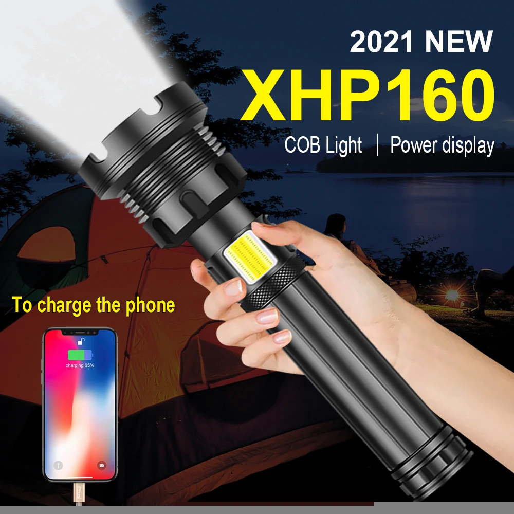 구매 XHP160 COB Led 손전등 18650 또는 26650 Usb 전술 플래시 라이트 XHP70.2 충전식 Led 랜턴 줌 사냥 밝은 작업 램프