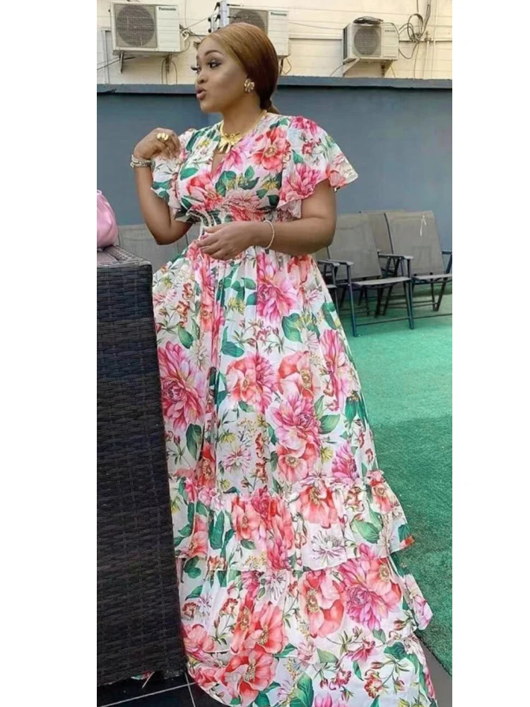 African Print Long Dresses For Women Boho Floral Chiffon Dress Ankara Dashiki Party Gown Abaya Elegant Ladies Summer DR-173