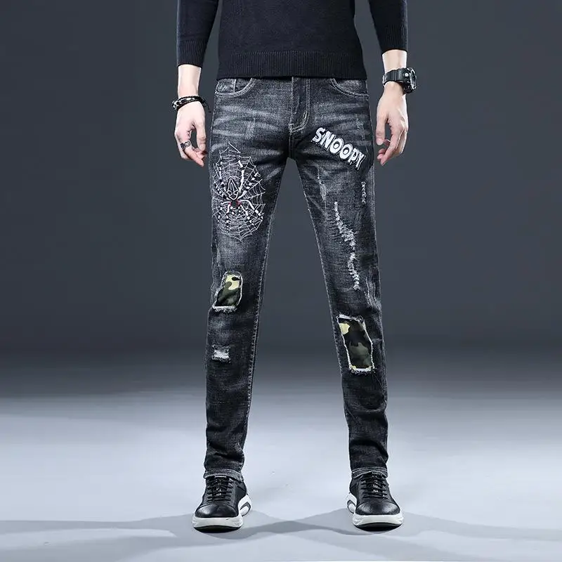 

Men's Locomotive Jeans Embroidery Trousers Male Ripped Denim Pants