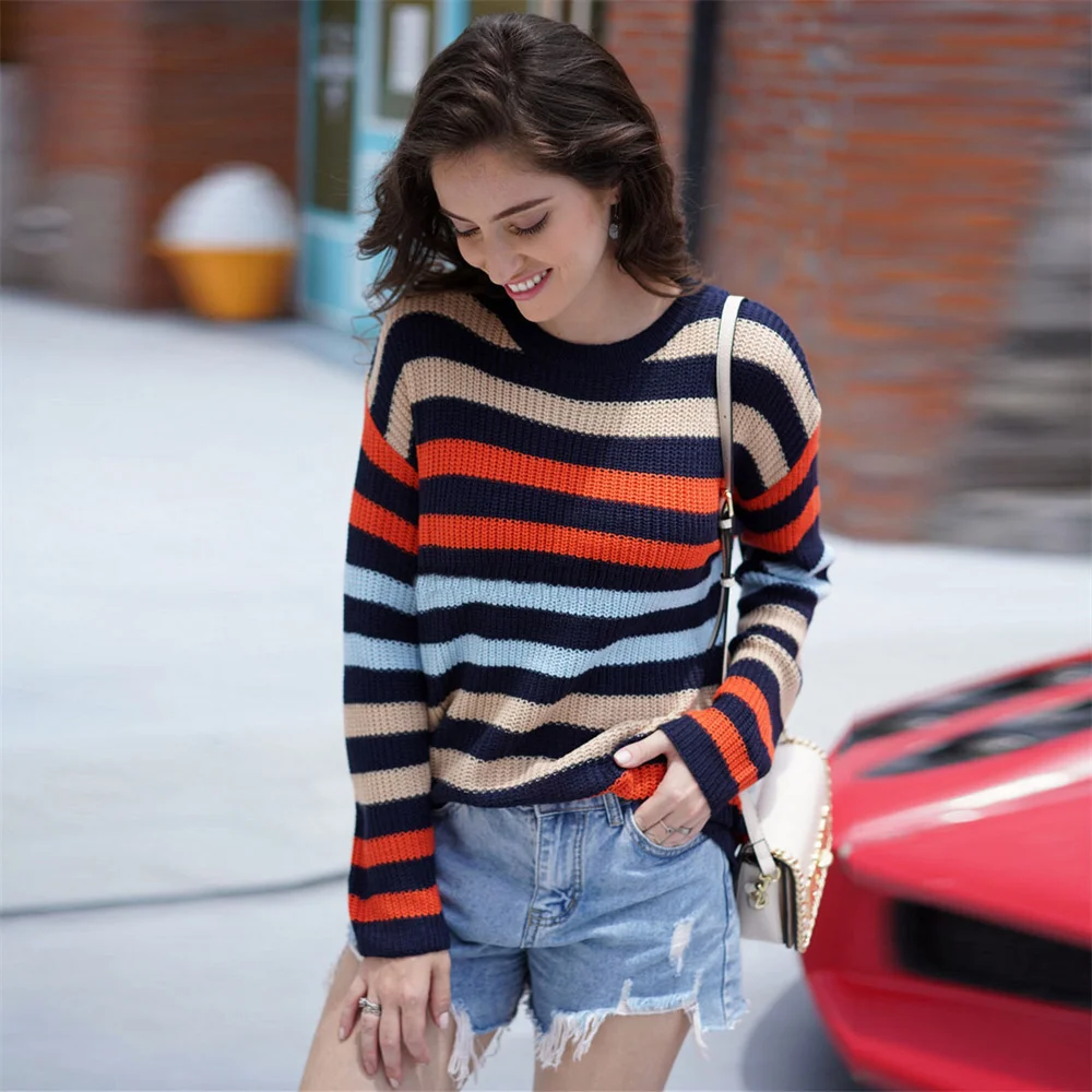 

Multicolor Striped Women Sweaters Pullovers Knitwear Long Sleeve Slim Jumpers Pull Femme Autumn Winter Ladies Loose Sweaters
