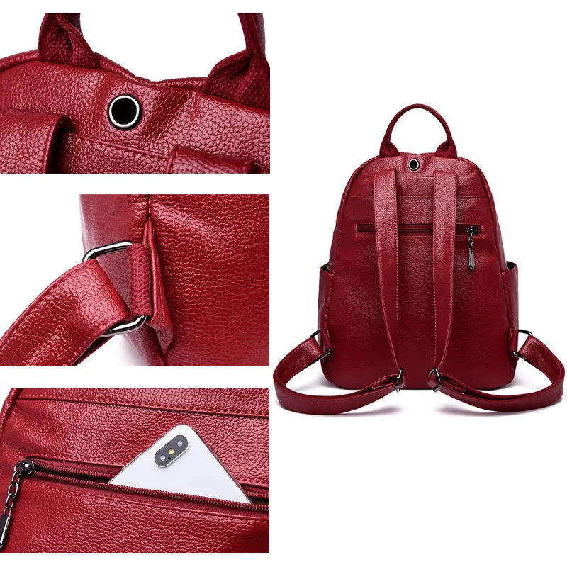 Большой женский кожаный рюкзак A4 школьный ранец коричневые черные красные