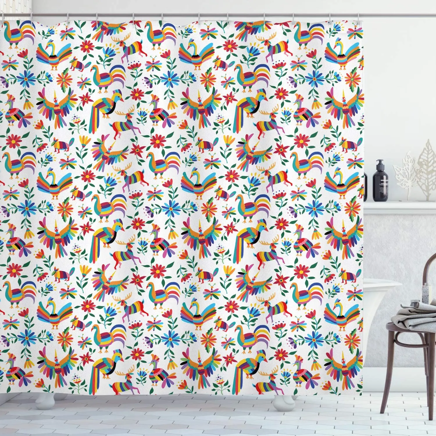 

White Blue Mexican Shower Curtain Traditional Latin American Art Design with Natural Inspirations Flowers Birds Bath Curtain