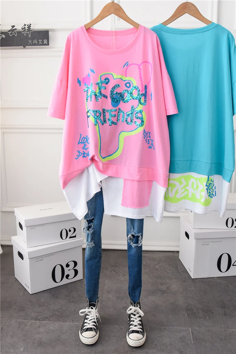 

plus Women's Cotton Short-Sleeved T-shirts Women's Fake Two Pieces Half-Sleeved Loose Cover 100kg Fat Girl Fashion All-Matching