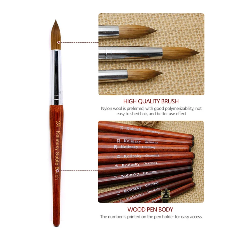 Kolinsky Round Sharp Nail Tool Wood Handle Size 8/10/12/14/16/18/20/22/24 Professional Painting Acrylic Brush | Красота и здоровье