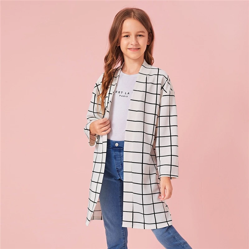SHEIN Kiddie White Plaid Print Girls Open Front Long Coat Kids Clothes Autumn Long Sleeve Casual Coats For Children