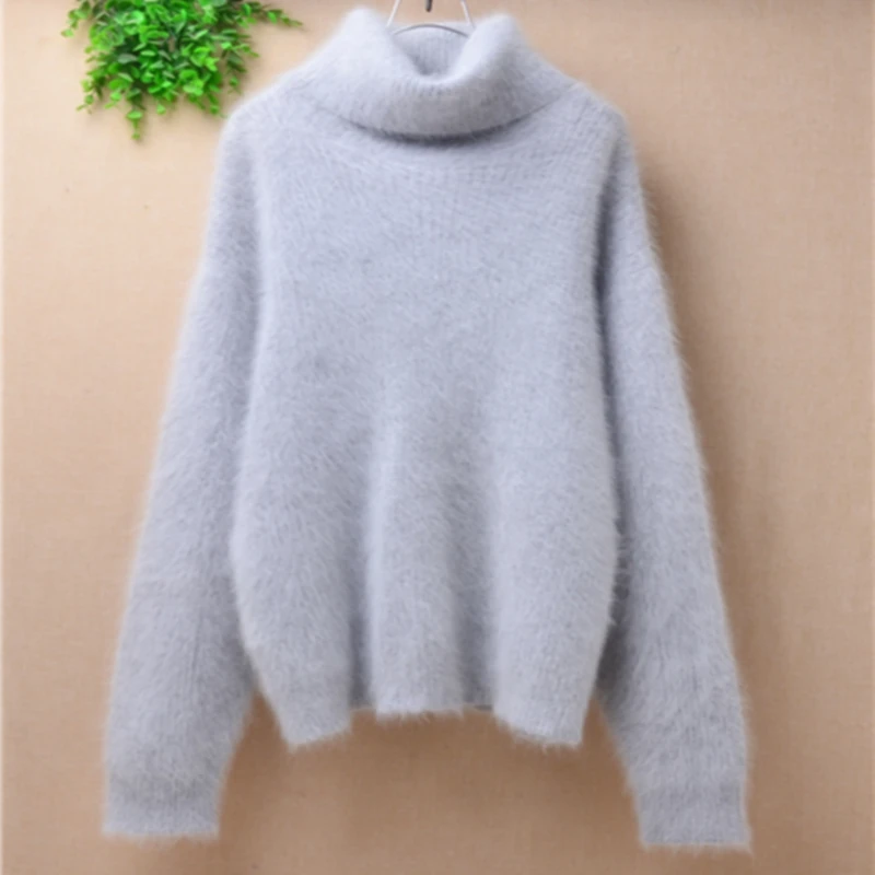 

top mujer women hairy fuzzy mink cashmere knitted turtleneck long sleeve loose striped pullover angora fur winter jumper sweater