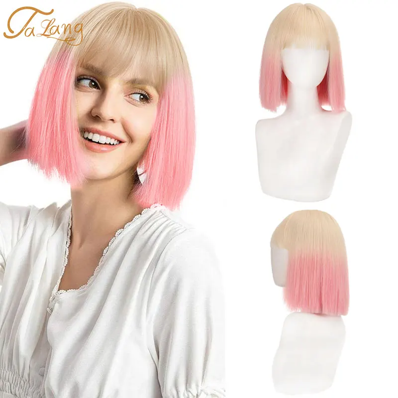 

TALANG Short Bob Wig With Bangs for Women Synthetic Bob Wigs White Pink Gradient Wig for Party Daily Use Shoulder Length