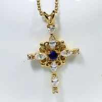 sapphire cross cubic zircon inlaid yellow gold 2626mm pendant 18inches necklace classic for fashion lady x0974