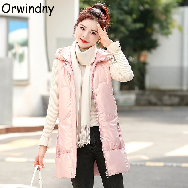 

Orwindny Glossy Long Waistcoat Women Thicken Warm Cotton Vest Winter Hooded Jacket Coat Sleeveless Waterproof S-3XL