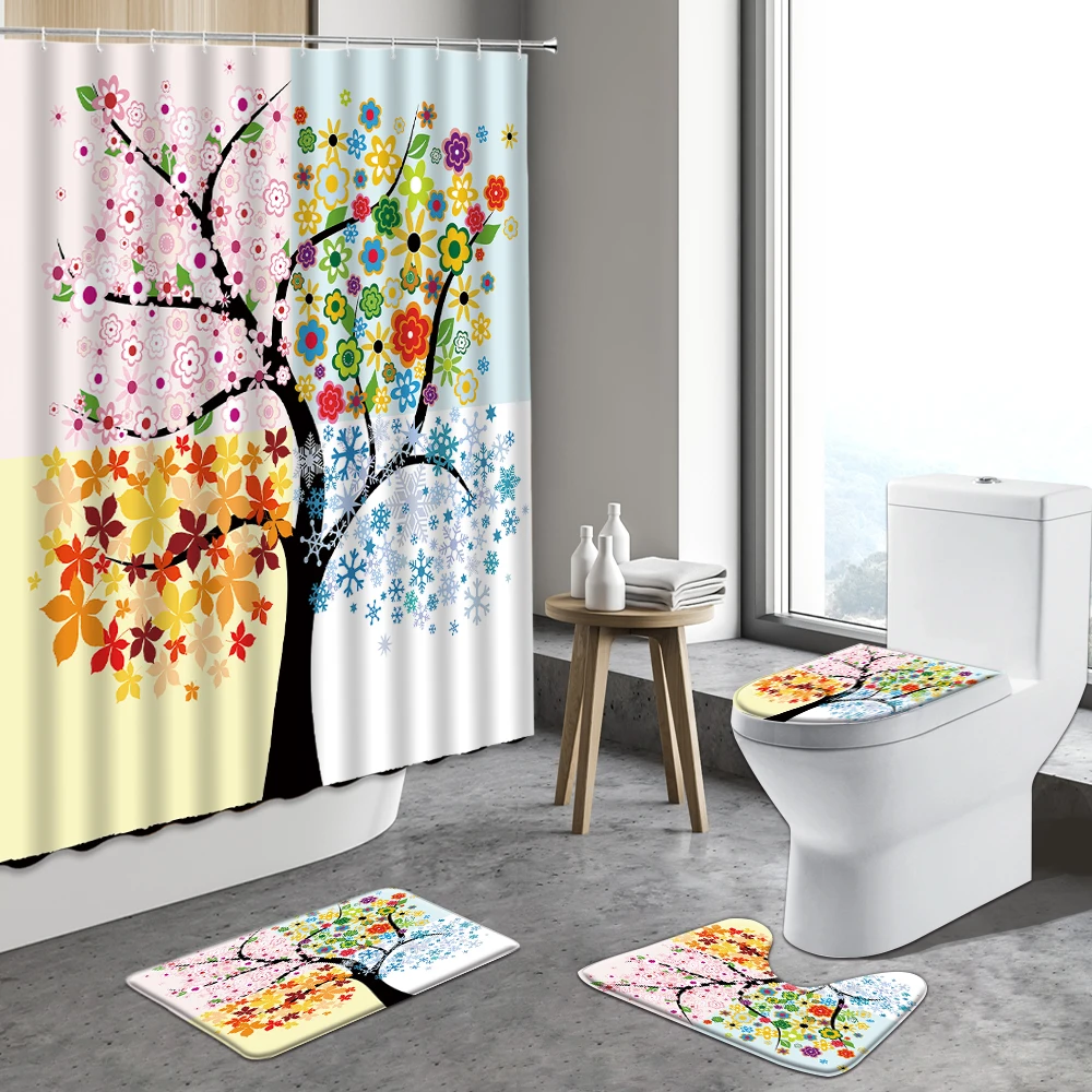 

Four Seasons Scenery Cartoon Tree Shower Curtain Flowers Butterflies Plant Abstract Modern Decor Bathroom Non-slip Rug Bath Mat