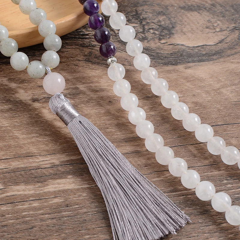 

8mm Natural White Chalcedony Gray Labradorite Amethyst Necklace Bracelet 108 Japa Mala Jewelry Sets Meditation Yoga Pendant