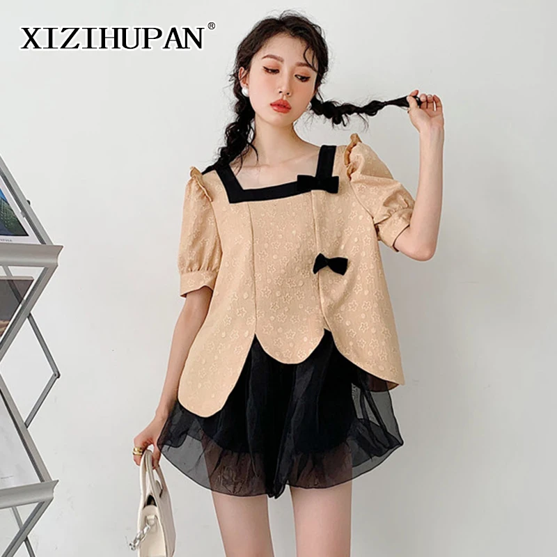 

XIZIHUPAN Sweet Colorblock Women's Shirt Square Collar Short Sleeve Patchwork Bowknot Loose Woman Blouse 2021 Fashion Clothing