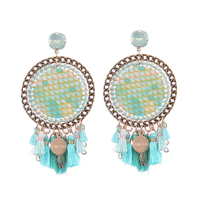 Богемные винтажные круглые серьги-цепочки из смолы с кисточками Подвесные