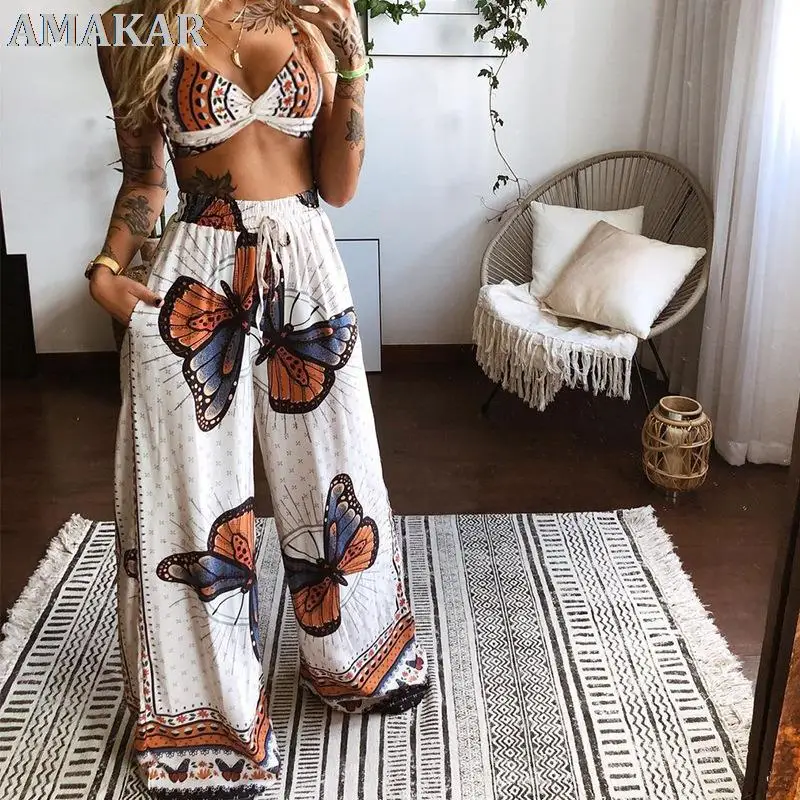 

2 Pcs Suit Summer Tracksuit Sets Womens Outfits Boho Beach Style Print Underwear Loose Wide Leg Pants Female Clothes Sets 2021
