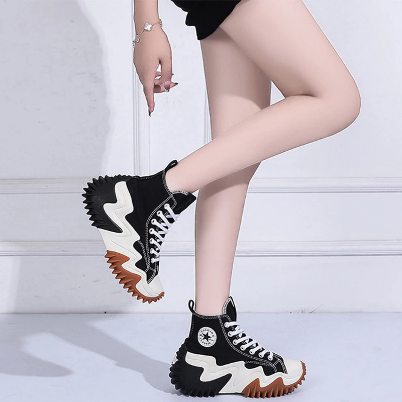 Женские ботинки со шнуровкой холщовые на платформе с высоким берцем женские