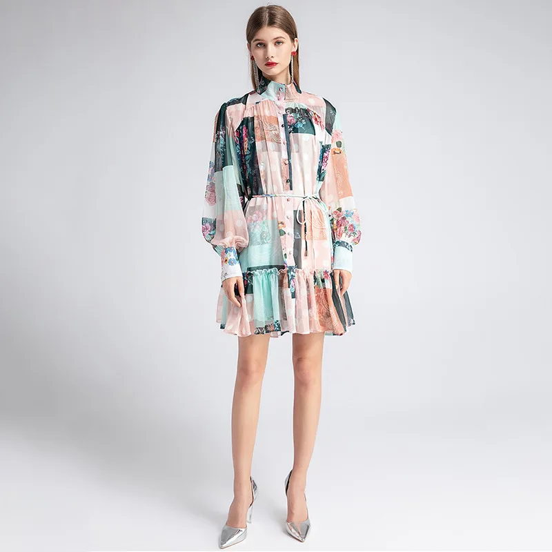 

2020 fashion summer light mature temperament new stand collar Lantern Sleeve pattern printing short Ruffle Dress for women