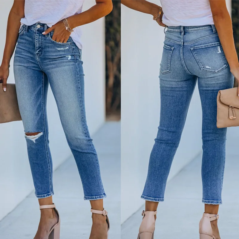 

Ripped mid waist blue women's jeans pencil pants vintage hole stright women jeans 2021 summer causal office lady denim trousers
