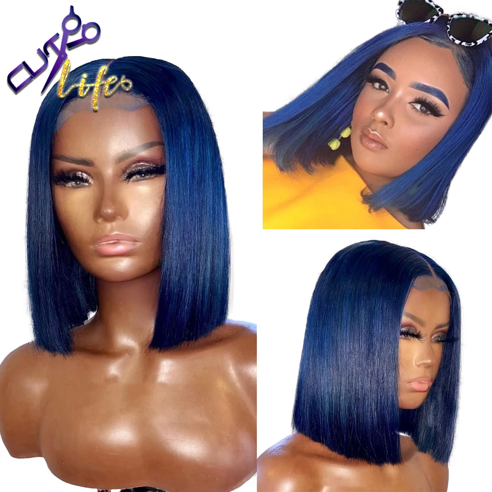 Короткий парик Боб прямые темно-синие волосы 13X 4 на шнуровке спереди 100%