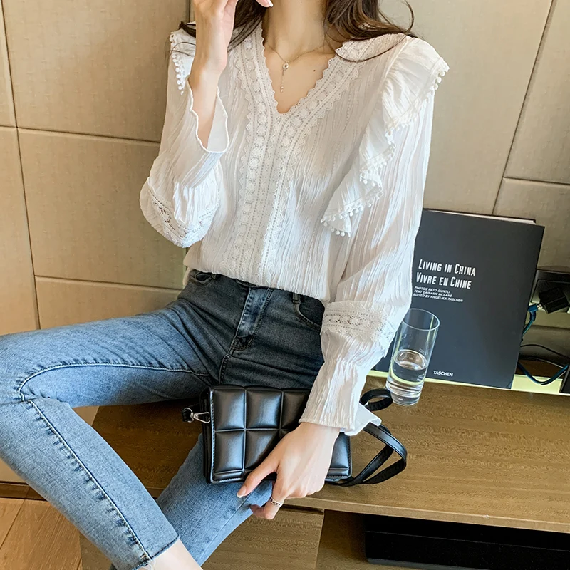 

Spring Women's Office Solid Ruffle Patchwork Chiffon Blouse Lady Elegant Loose Casual All-Match Long Sleeve V-Neck Tops T16203X