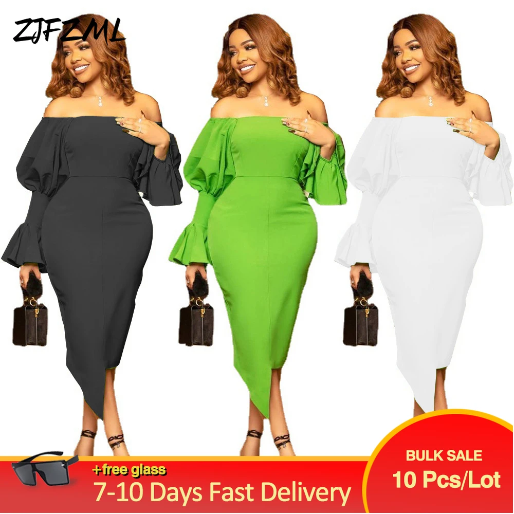 

Wholesale Bulk Items Lots Simple Casual Women's Pencil Irregular Dresses Fashion Slash Neck Lantern Sleeve Off Shoulder Vestidos
